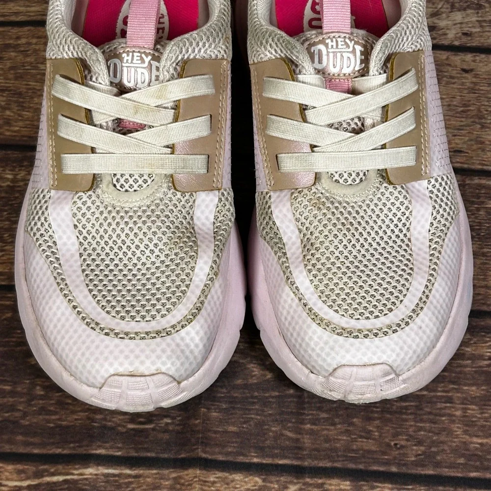 Hey Dude Sirocco Play Kids‎ Sneakers Pink White Glitter Rose Gold Size J5